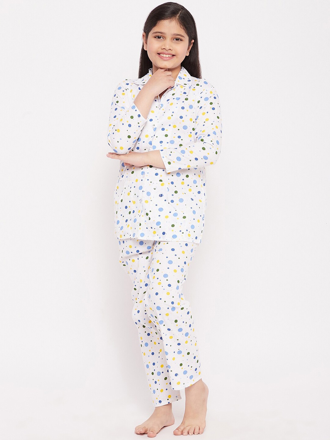 

KYDZI Girls White & Blue Printed Pure Cotton Night suit
