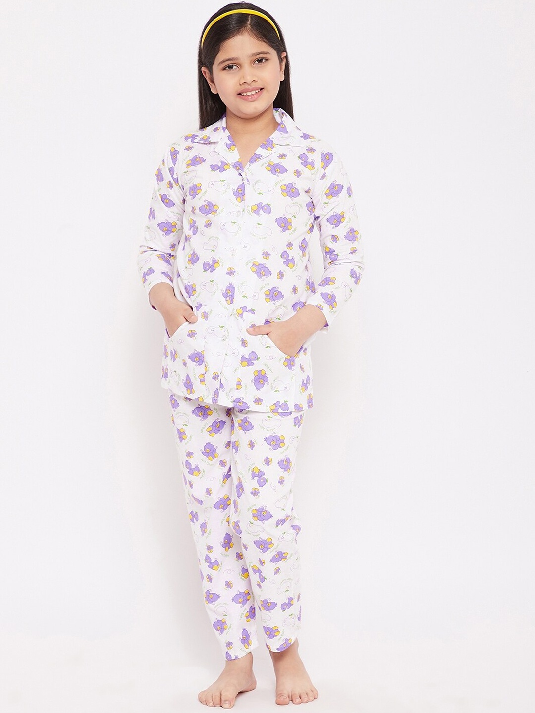 

KYDZI Girls Purple & White Printed Pure Cotton Night suit