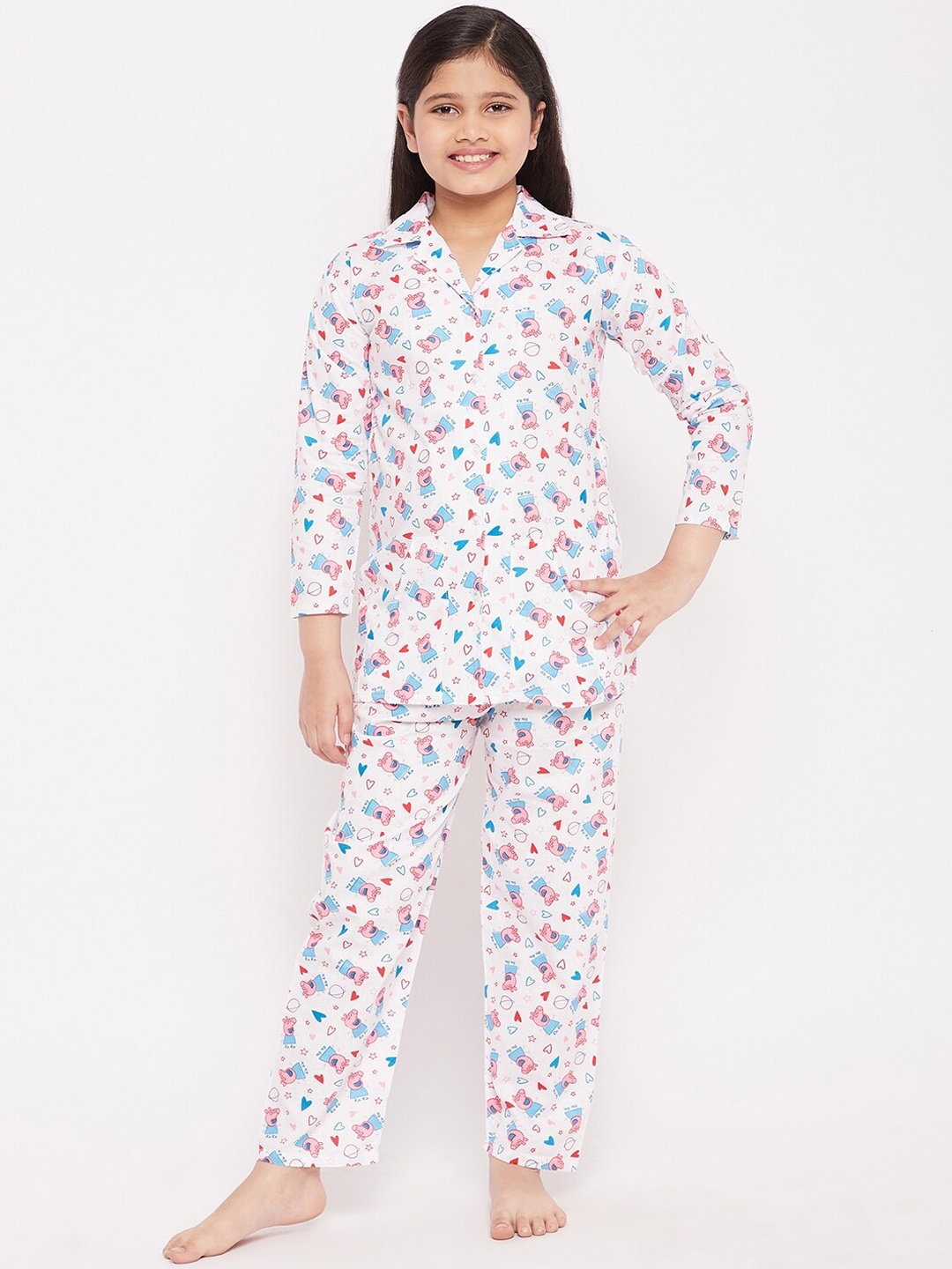 

KYDZI Girls Pink & White Cartoon Characters Printed Cotton Nighsuit