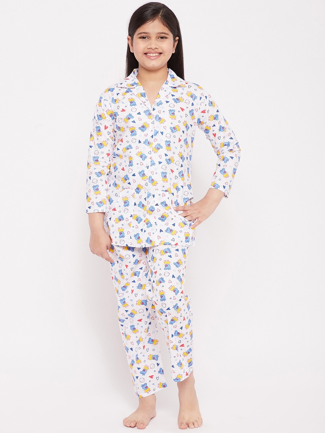 

KYDZI Girls Blue & White Printed Pure Cotton Night suit
