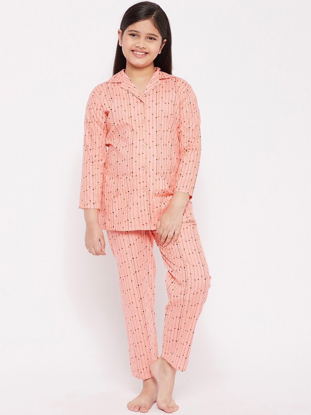 

KYDZI Girls Pink & Green Printed Pure Cotton Night suit