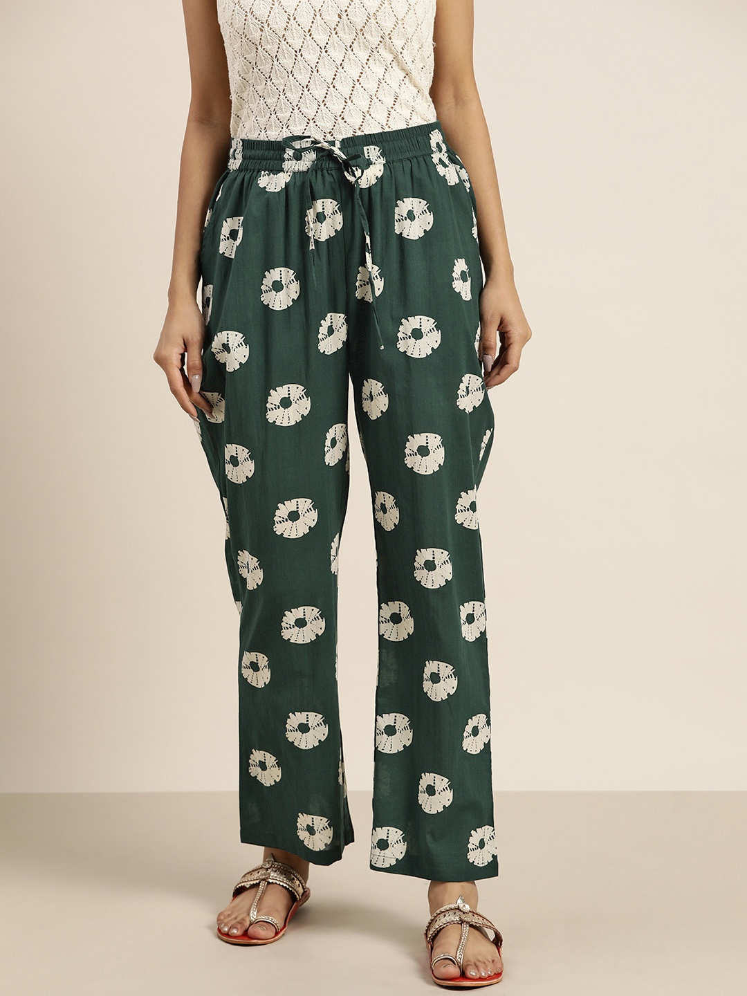 

Moda Rapido Women Green & White Printed Straight Fit Palazzos