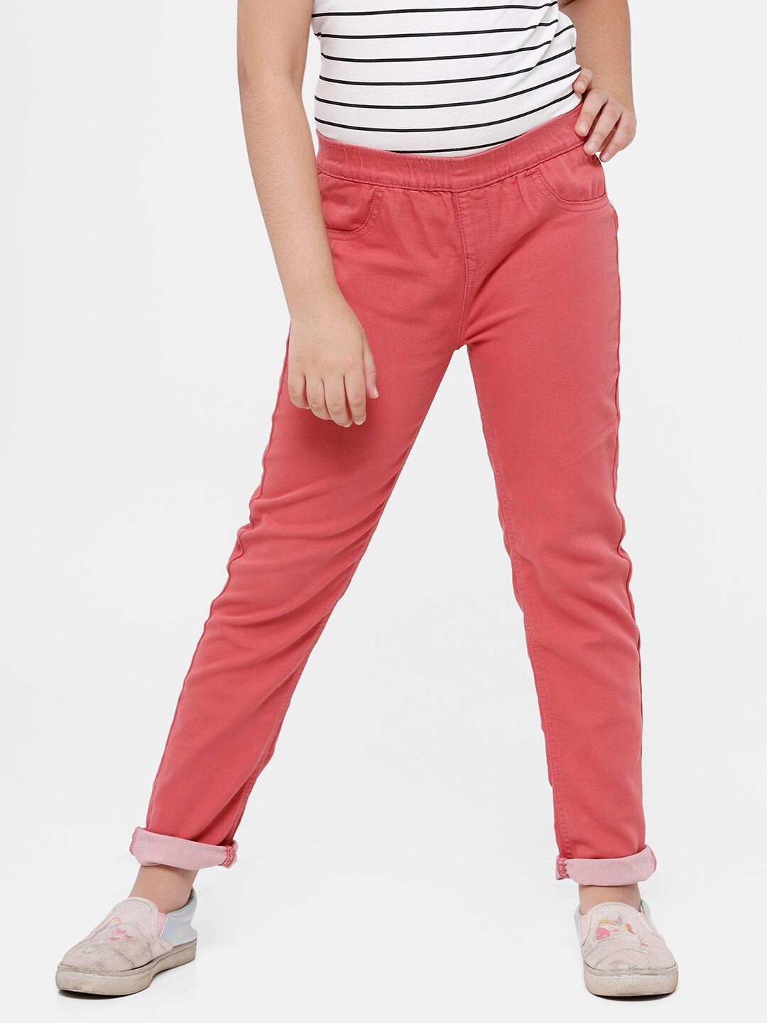 

De Moza Girls Peach-Coloured Solid Skinny-Fit Jeggings