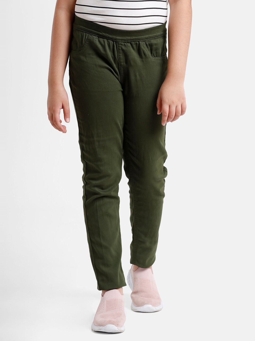 

De Moza Girls Olive Green Solid Skinny-Fit Jeggings