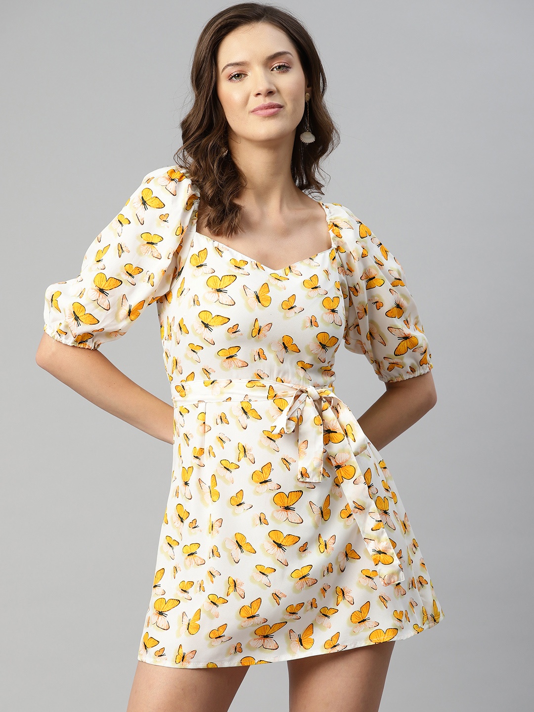 

SIRIKIT White & Mustard Yellow Conversational Print Smocked A-Line Dress with Belt