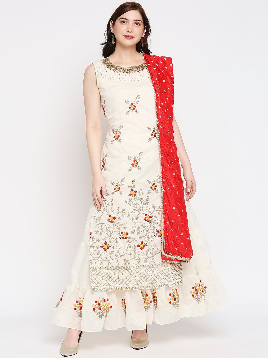 

INDYES Women Cream-Coloured Floral Printed Gotta Patti White Romance Kurta
