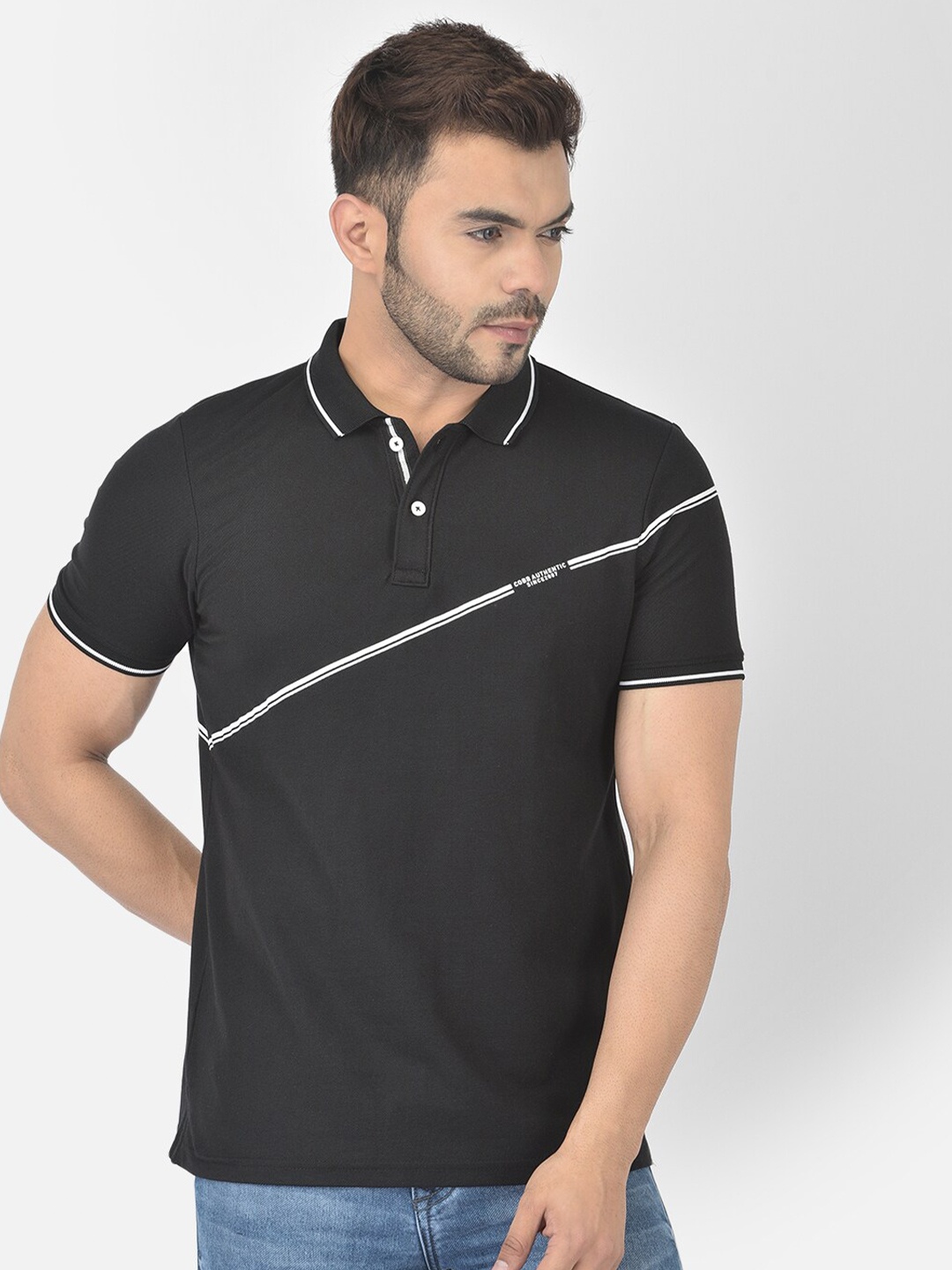 

COBB Men Black Polo Collar T-shirt