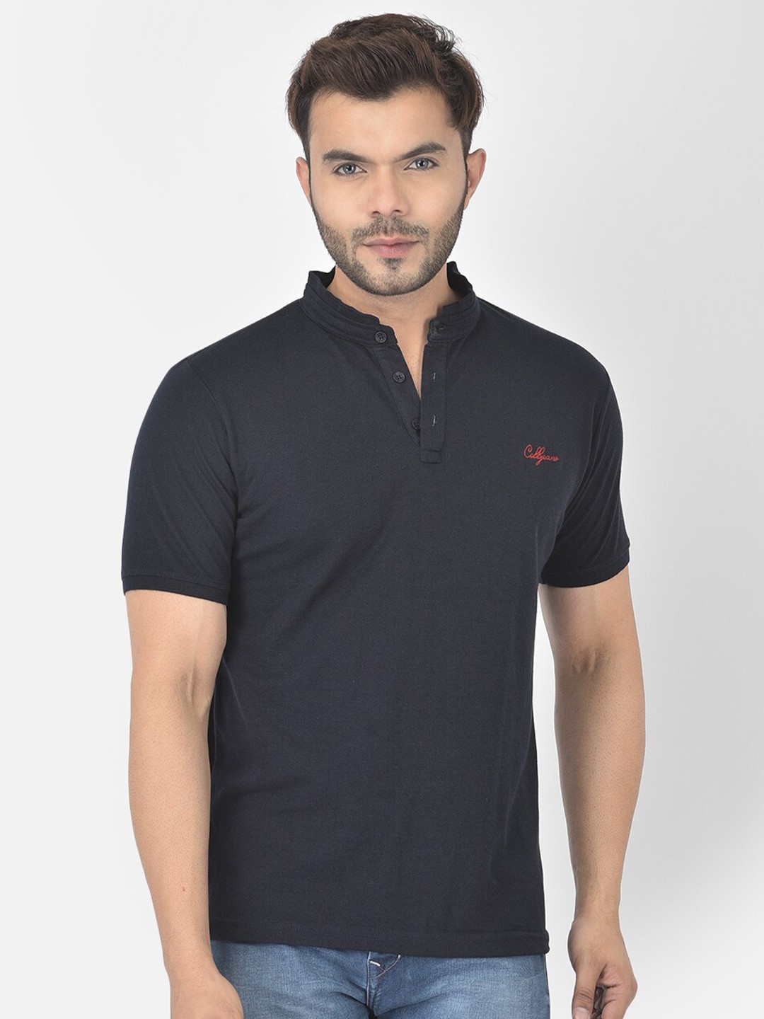 

COBB Men Navy Blue Mandarin Collar Cotton T-shirt