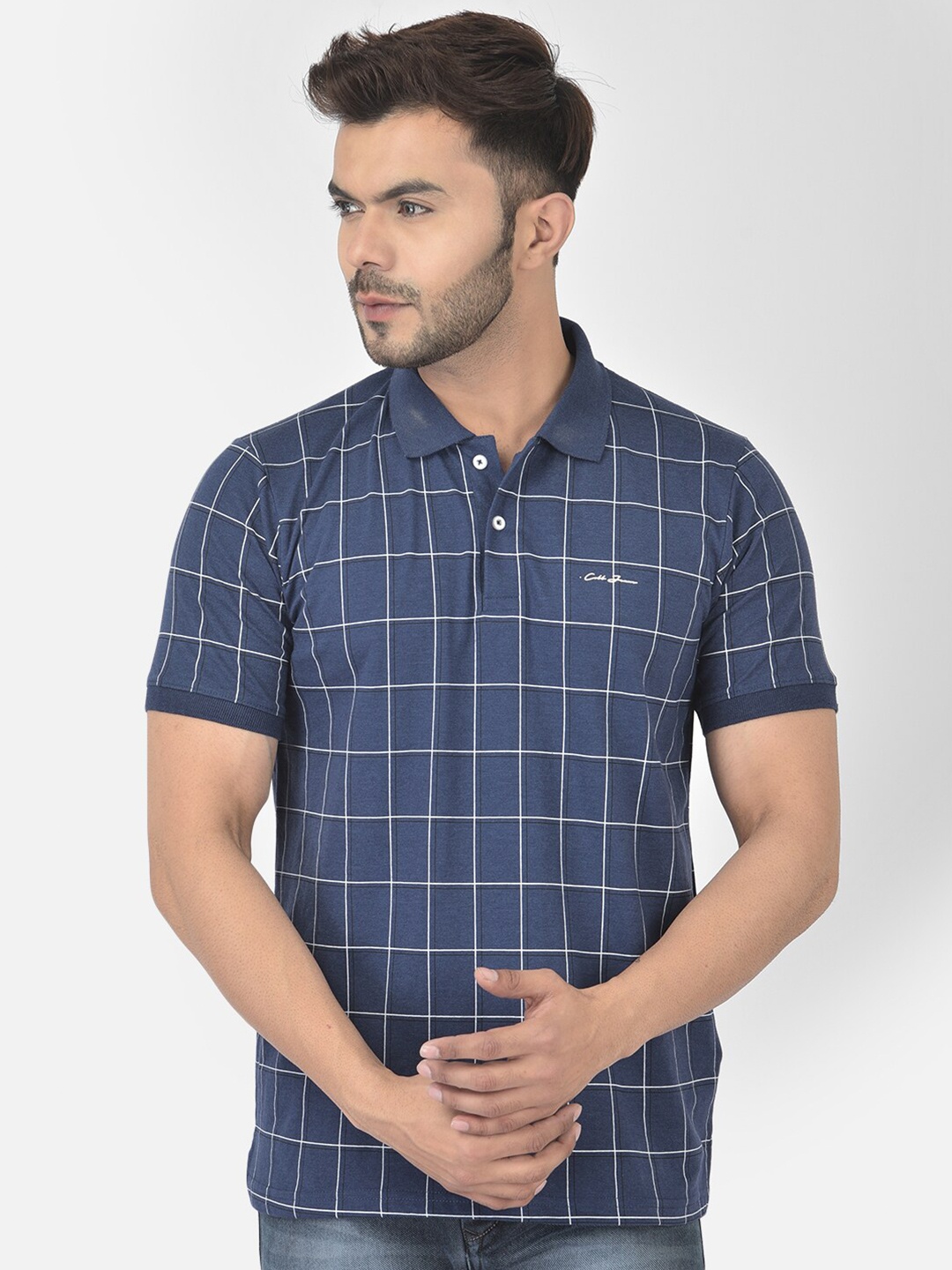 

COBB Men Blue Checked Polo Collar Tshirt