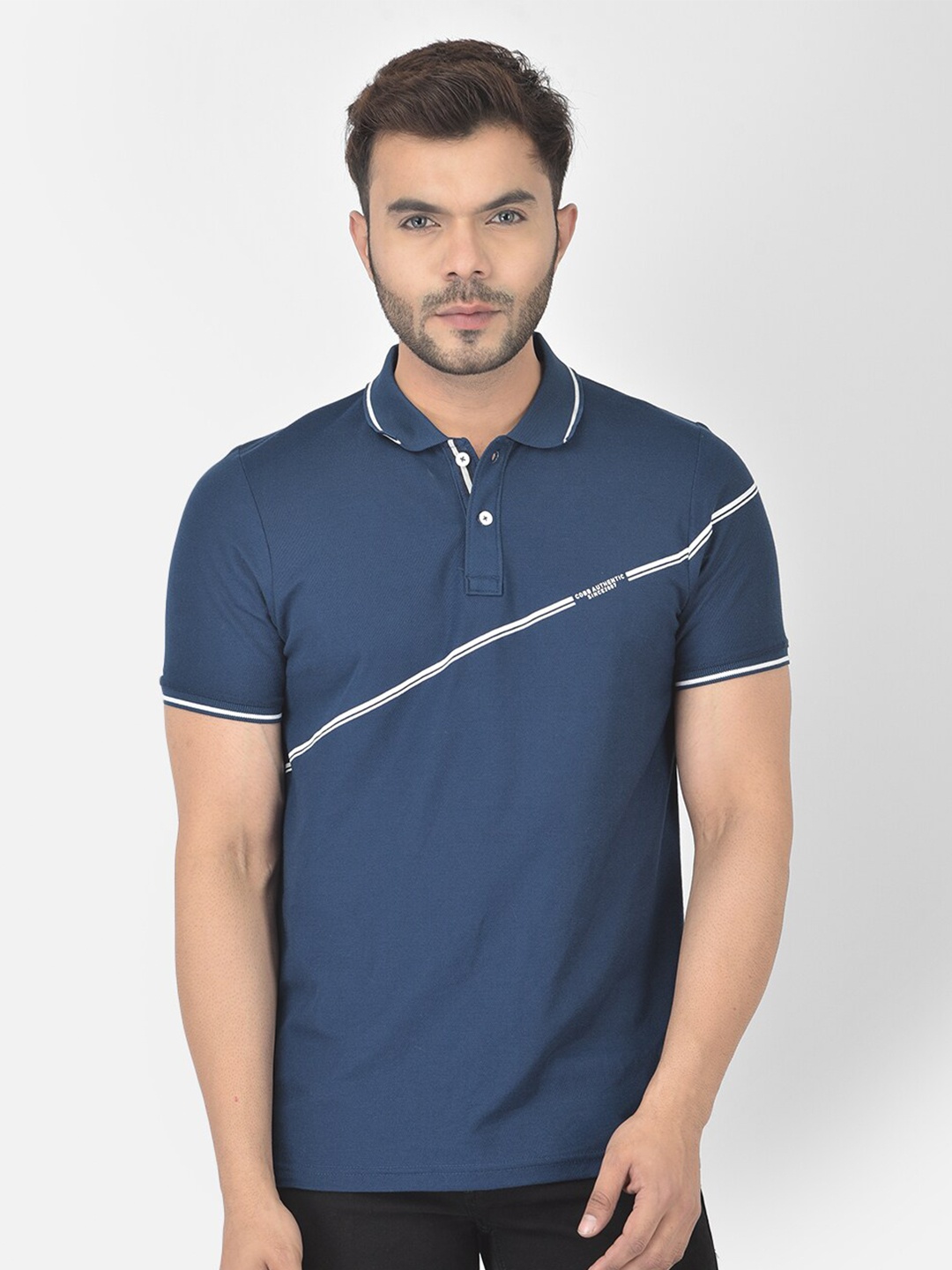 

COBB Men Navy Blue Polo Collar Cotton T-shirt