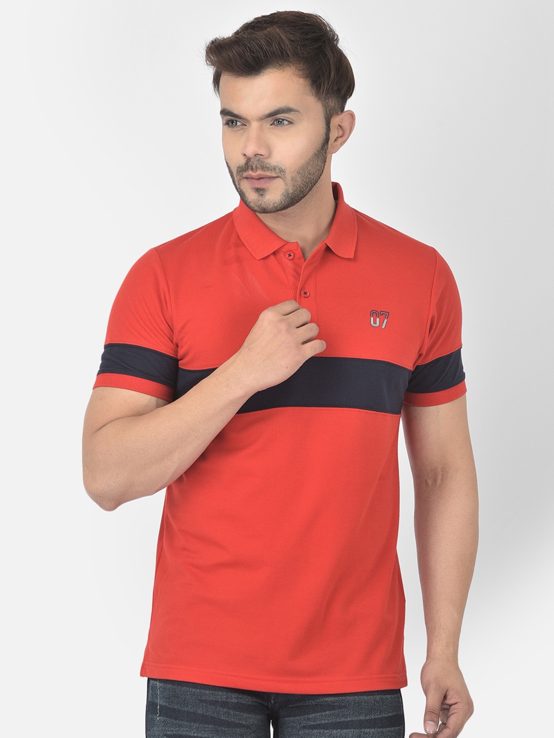 

COBB Men Red & Black Striped Polo Collar Cotton T-shirt