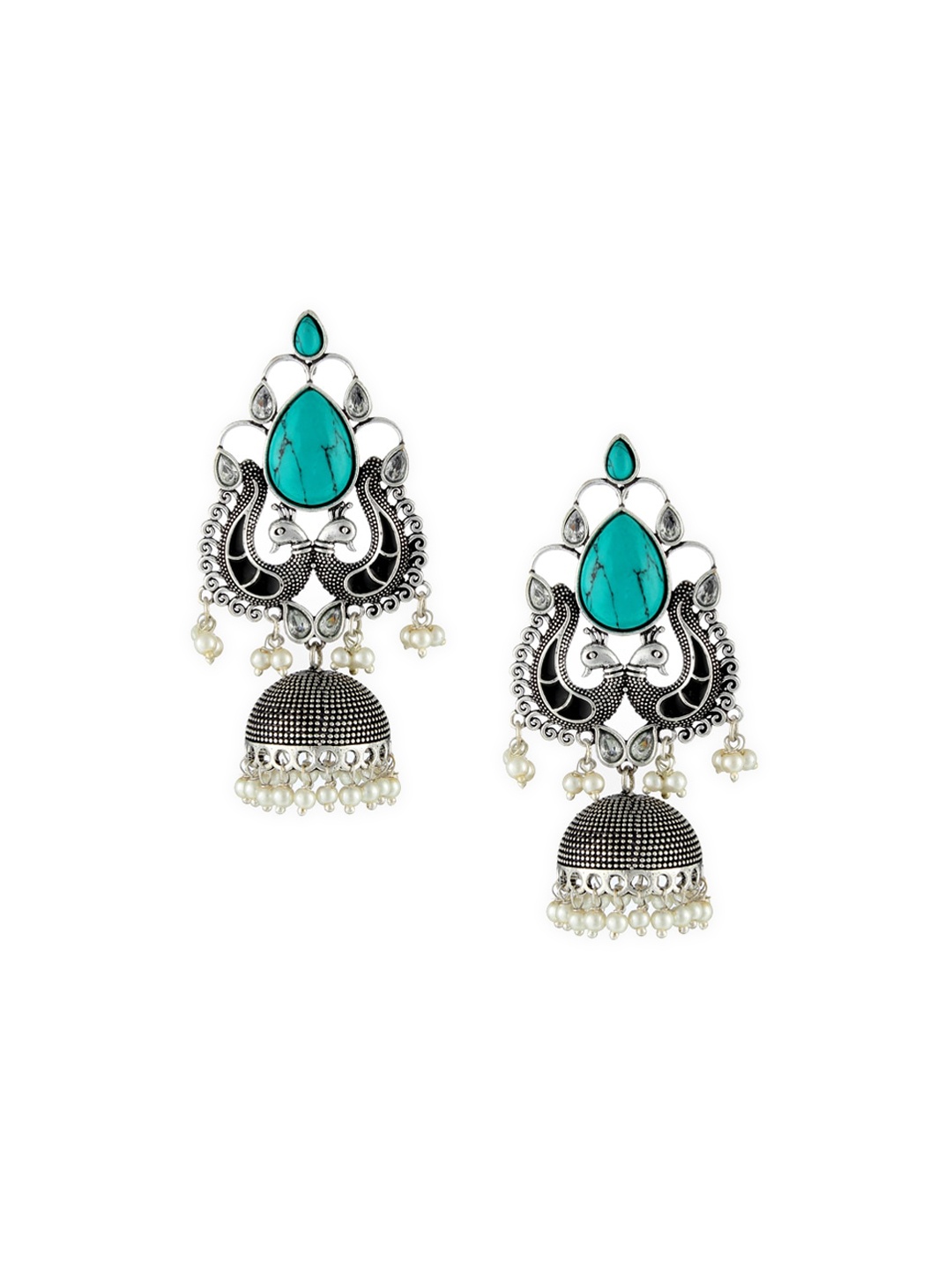 

Adwitiya Collection Silver-Toned Dome Shaped Stone Studded Jhumkas Earrings