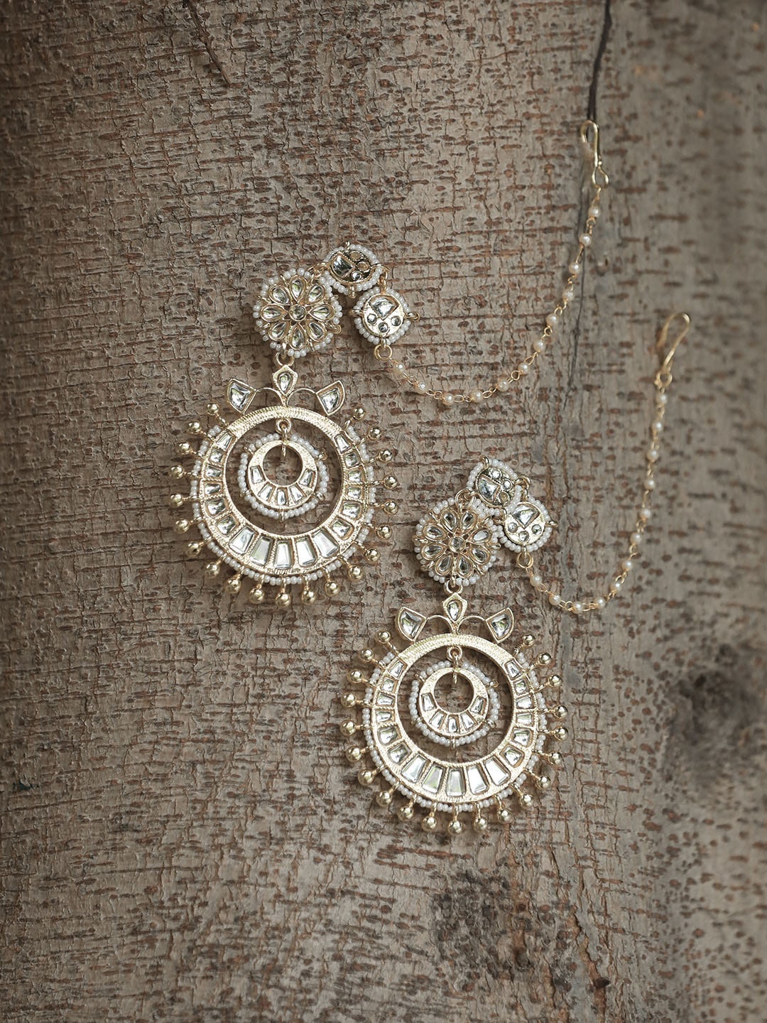 

Adwitiya Collection Gold-Plated Contemporary Chandbalis Earrings With Chain