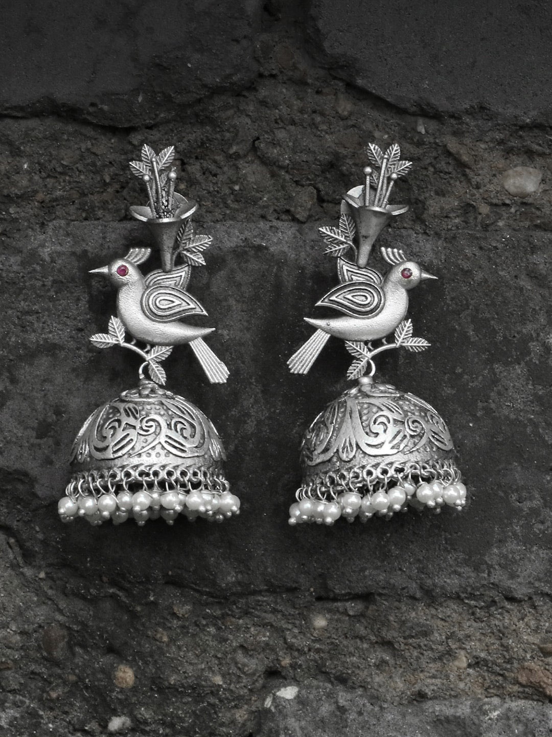 

Adwitiya Collection Silver-Plated Oxidised Dome Shaped Jhumkas Earrings