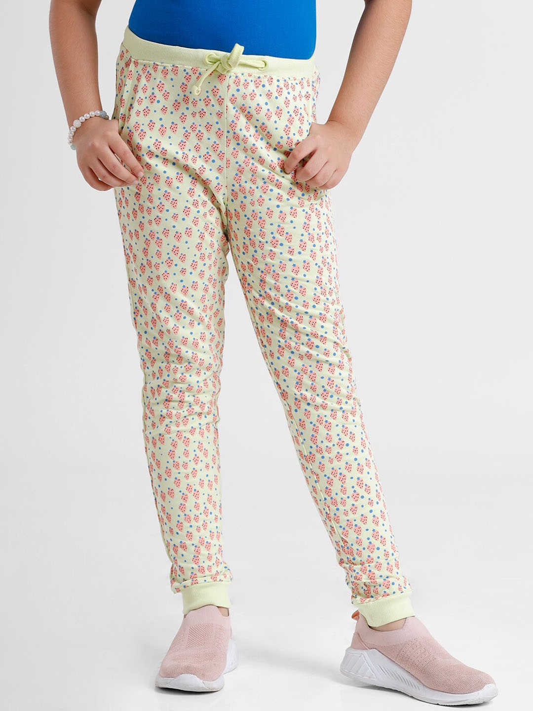 

De Moza Girls White Printed Pure Cotton Joggers in Track Pants, Green