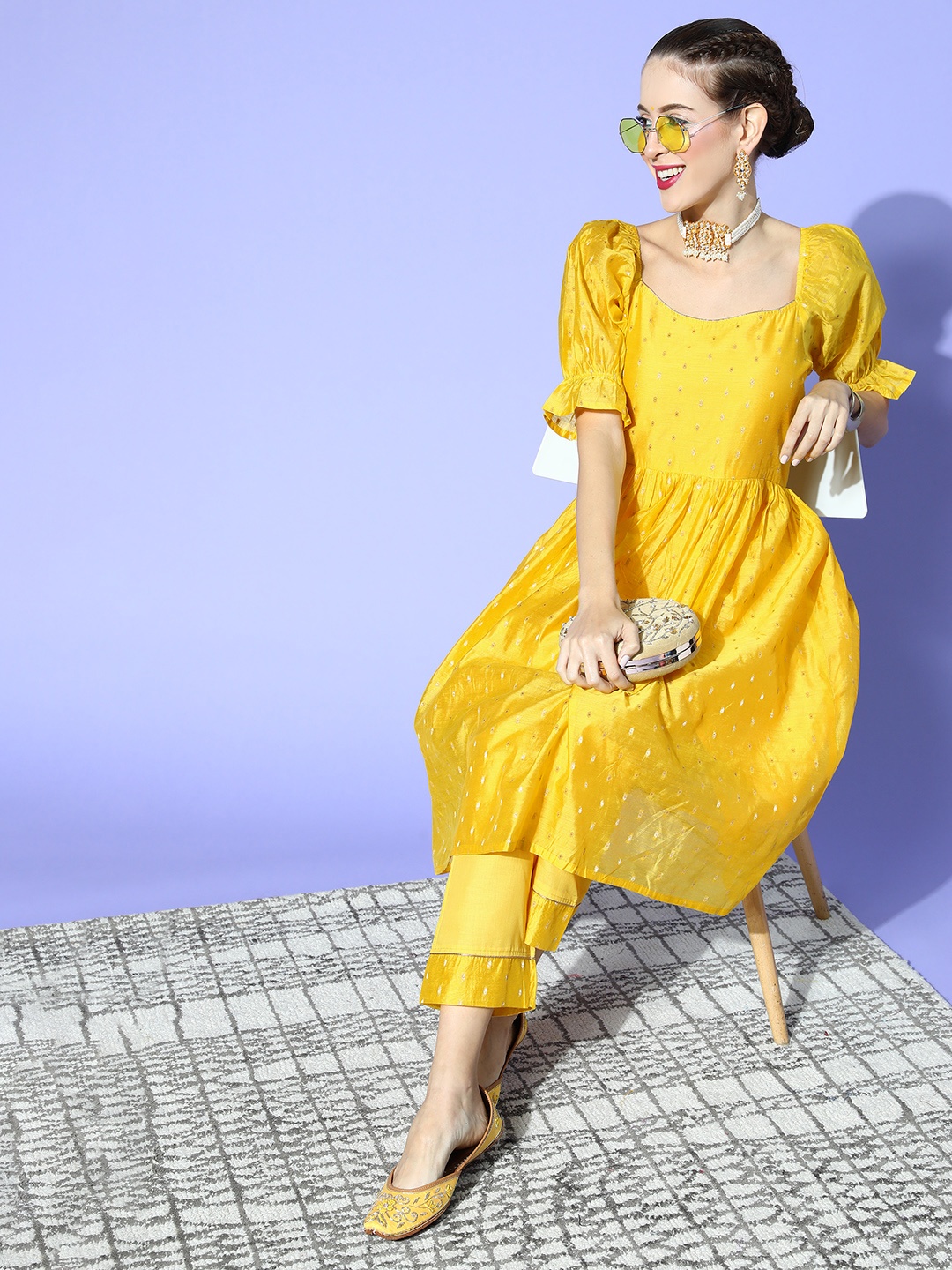 

AHIKA Woven Design Poly Chanderi Nuovo Sleeves Kurta Set, Mustard