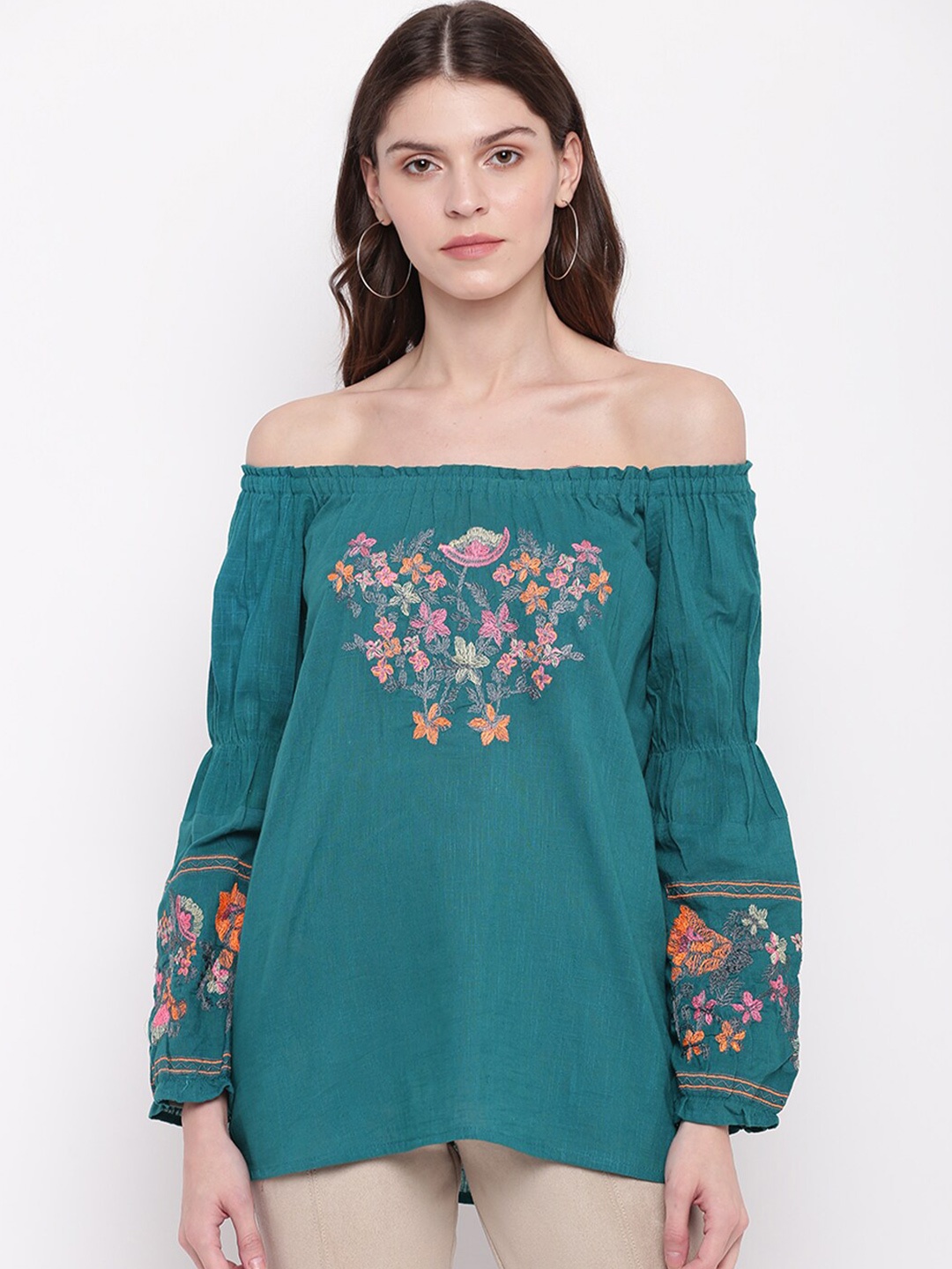 

Mayra Teal Green Floral Embroidered Off-Shoulder Pure Cotton Bardot Top