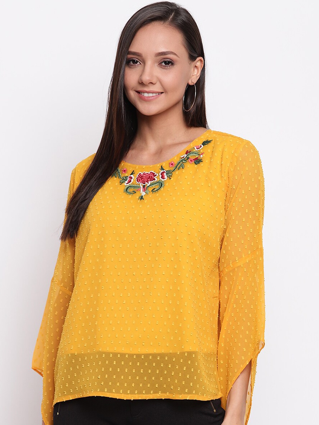 

Mayra Yellow Embroidered Flared Sleeves Top