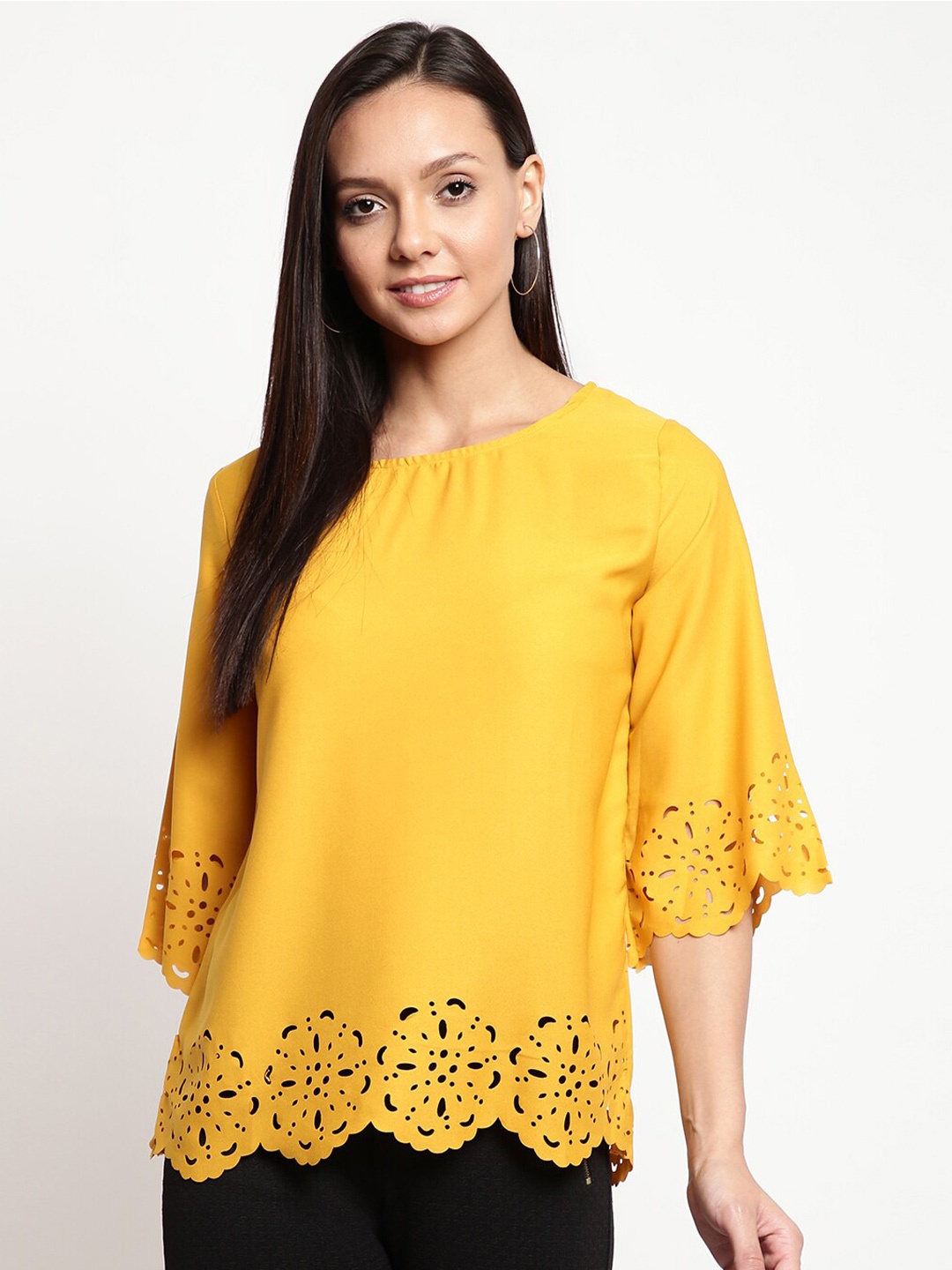 

Mayra Yellow Laser Cut Detail Top