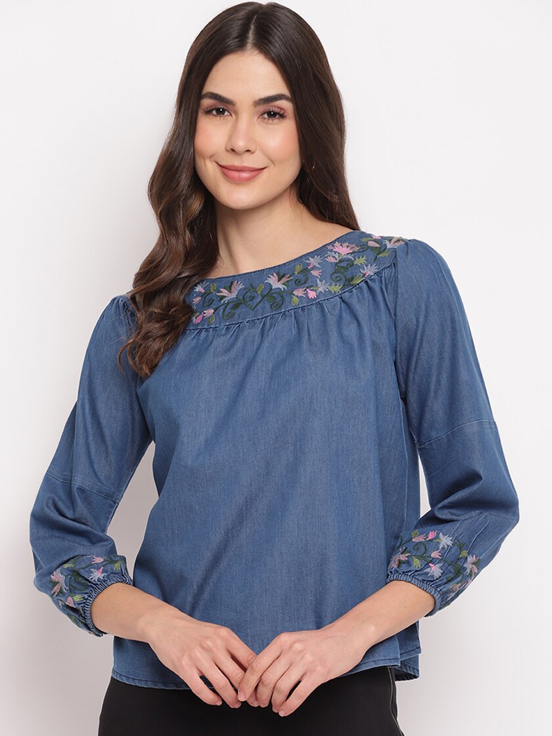 

Mayra Blue Floral Embroideried Top