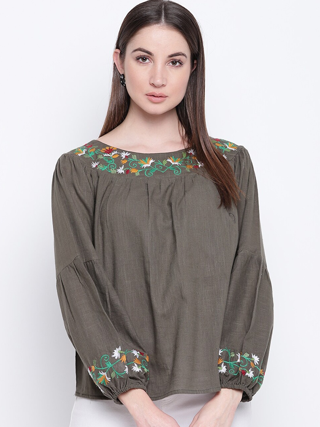 

Mayra Women Olive Green Floral Embroidered Pure Cotton Top