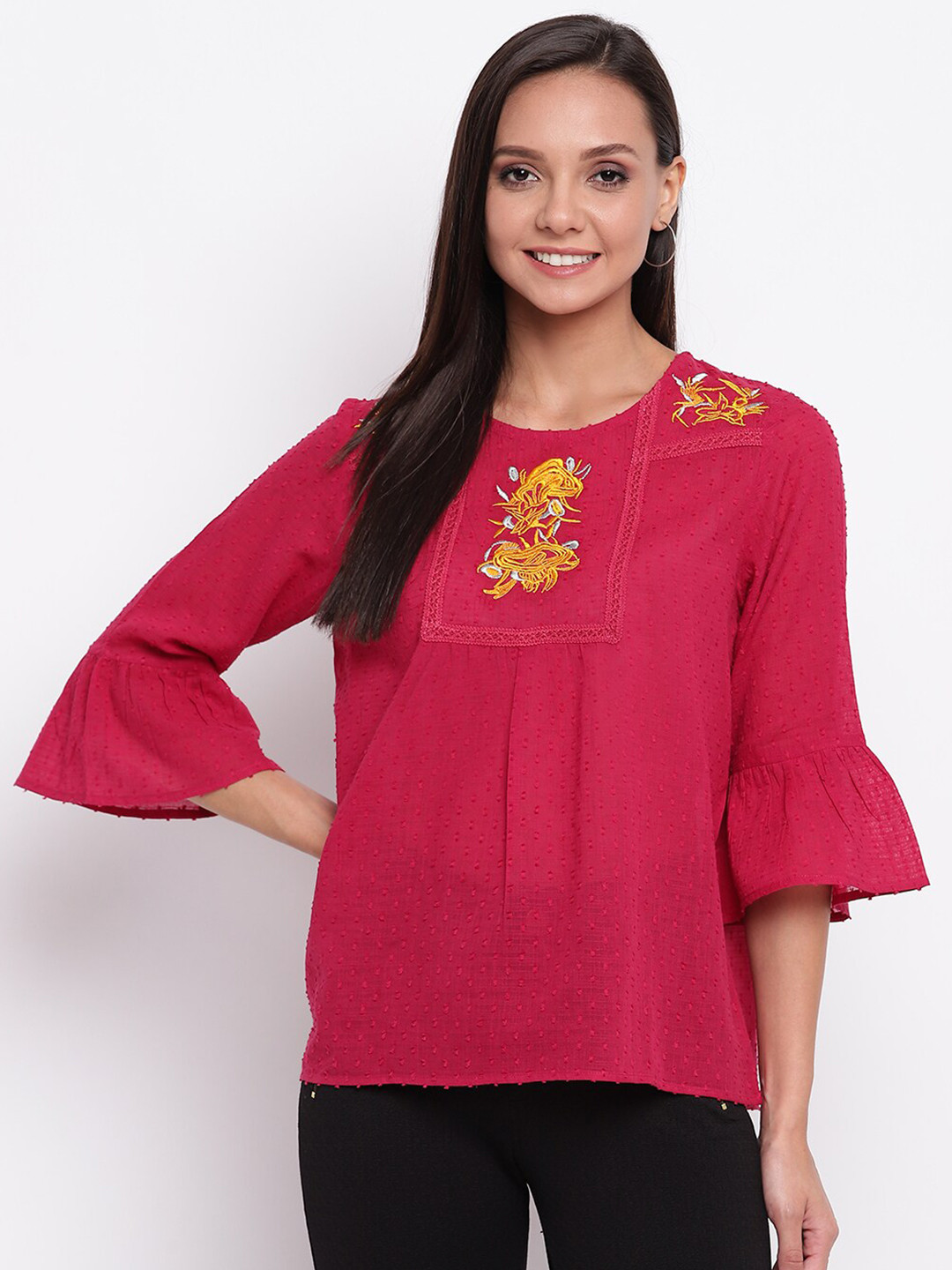 

Mayra Pink & Yellow Self Design Round Neck Cotton Regular Top