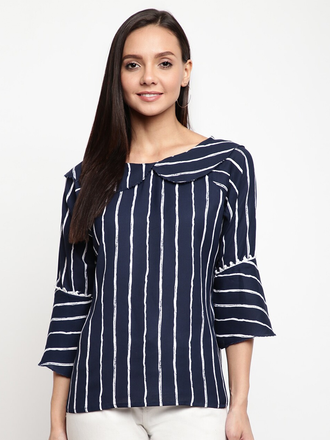 

Mayra Women Blue Striped Peter Pan Collar Top