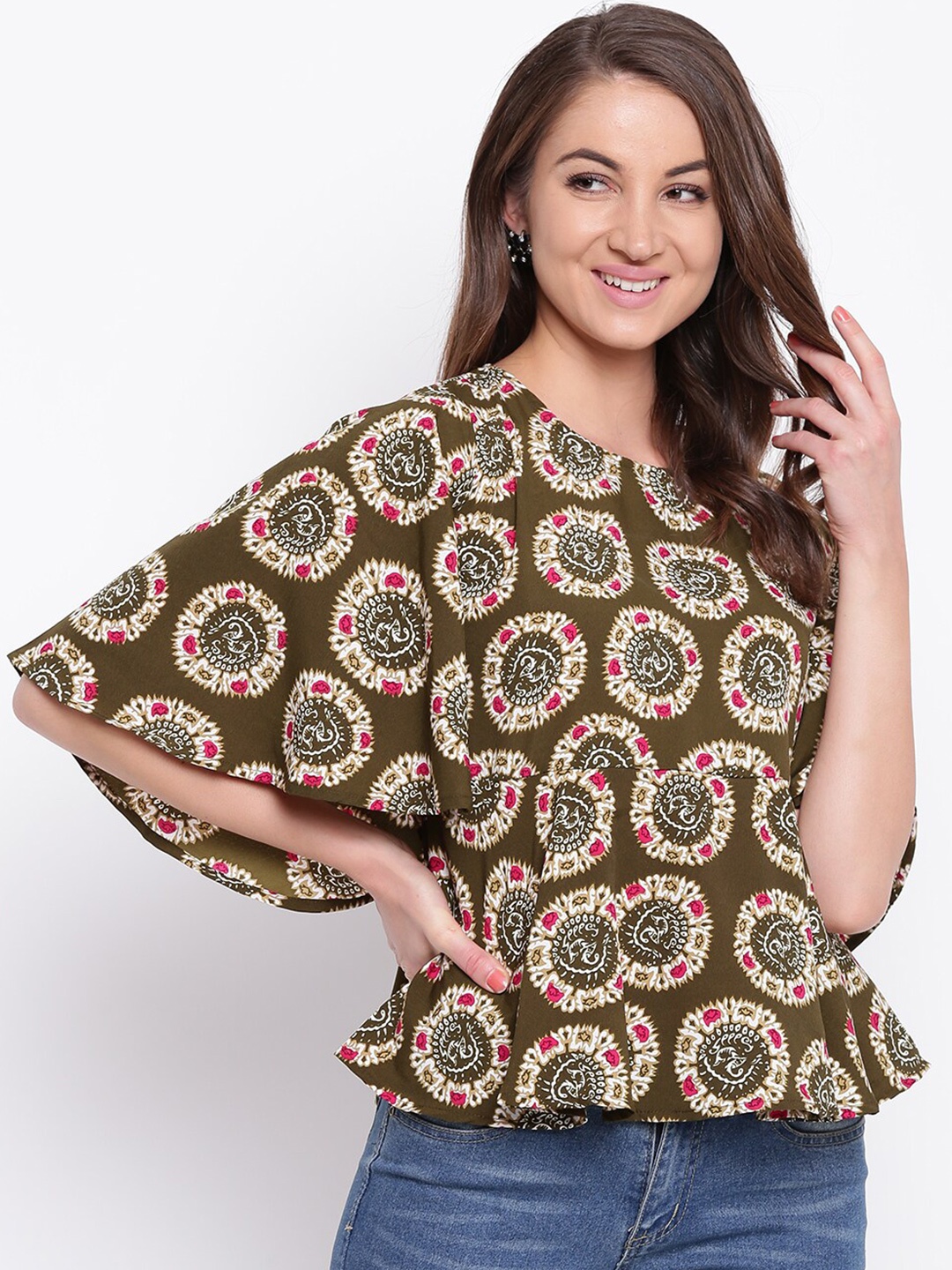 

Mayra Olive Green Printed Peplum Top