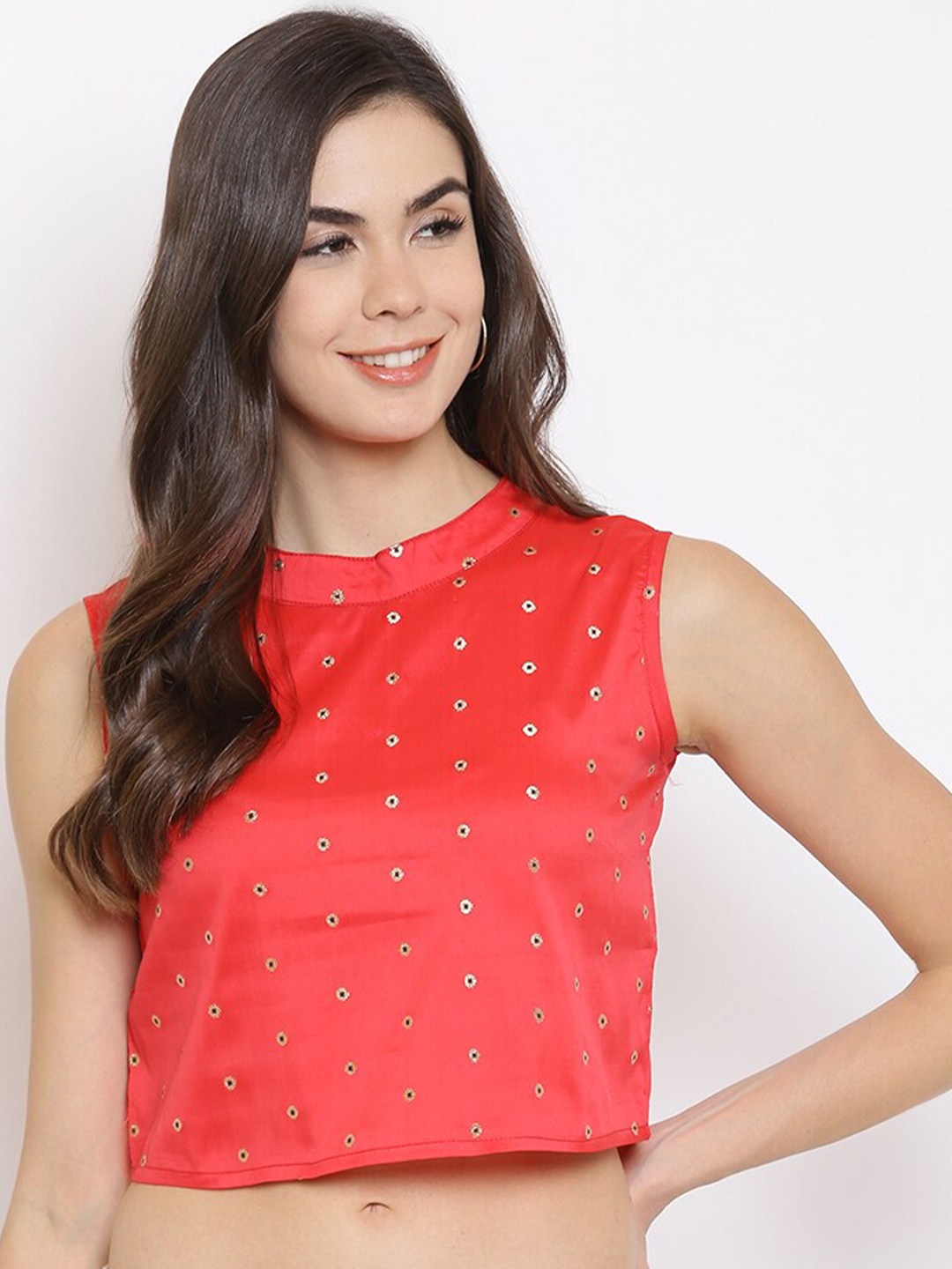

Mayra Red Embellished Embroidered Mandarin Collar Pure Silk Crop Top