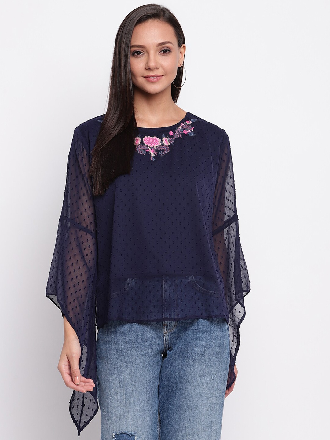 

Mayra Navy Blue & Pink Floral Embroidered Top