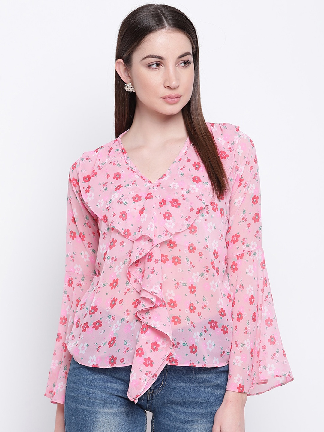 

Mayra Pink Floral Printed Ruffled Top
