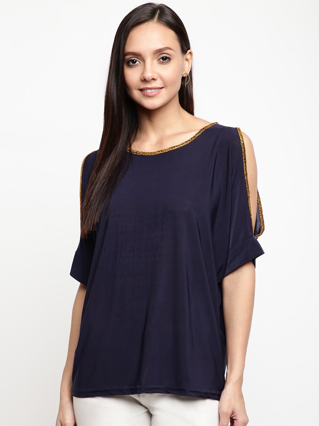 

Mayra Navy Blue Solid Cold Shoulder Top