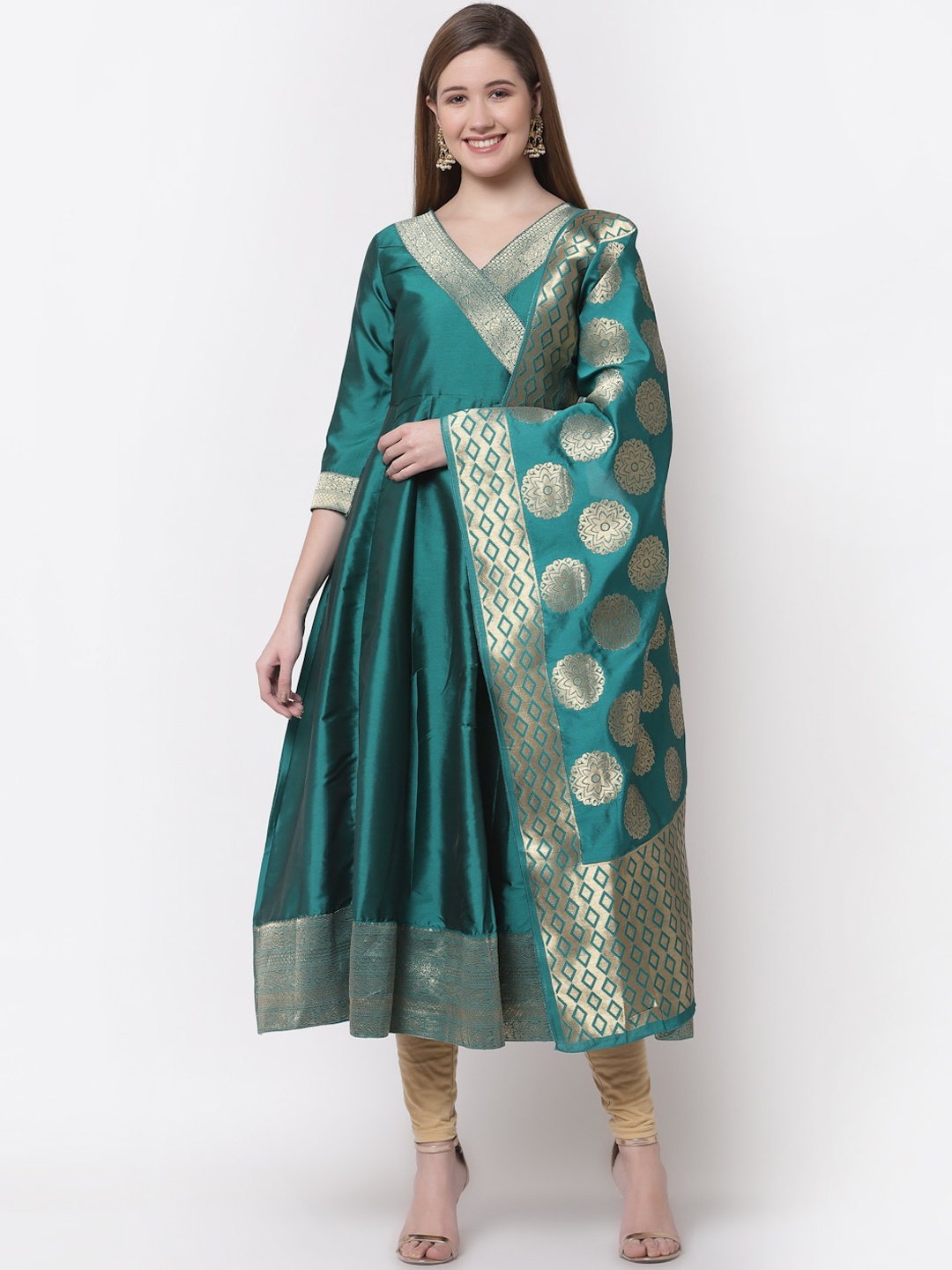 

Myshka Women Teal & Golden Ethnic Motifs Printed Anarkali Kurta