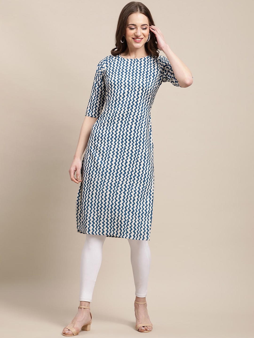 

7Threads Women White Geometric Printed Crepe Kurta