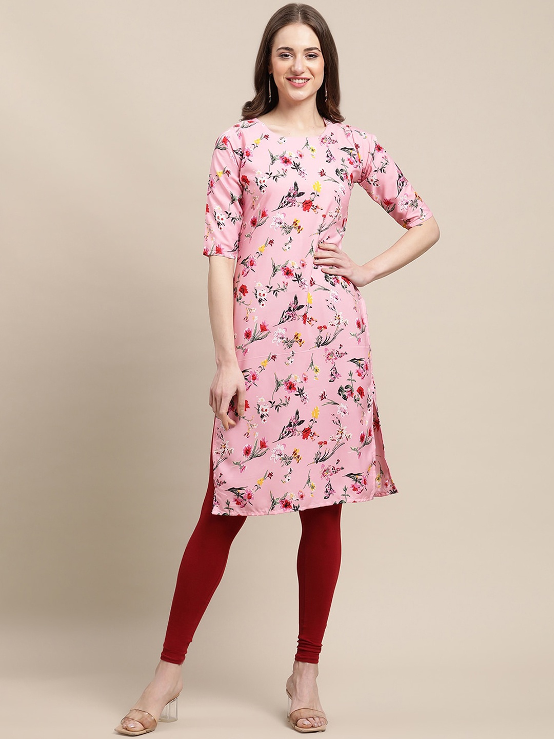 

7Threads Women Pink Floral Checked Crepe Kurta