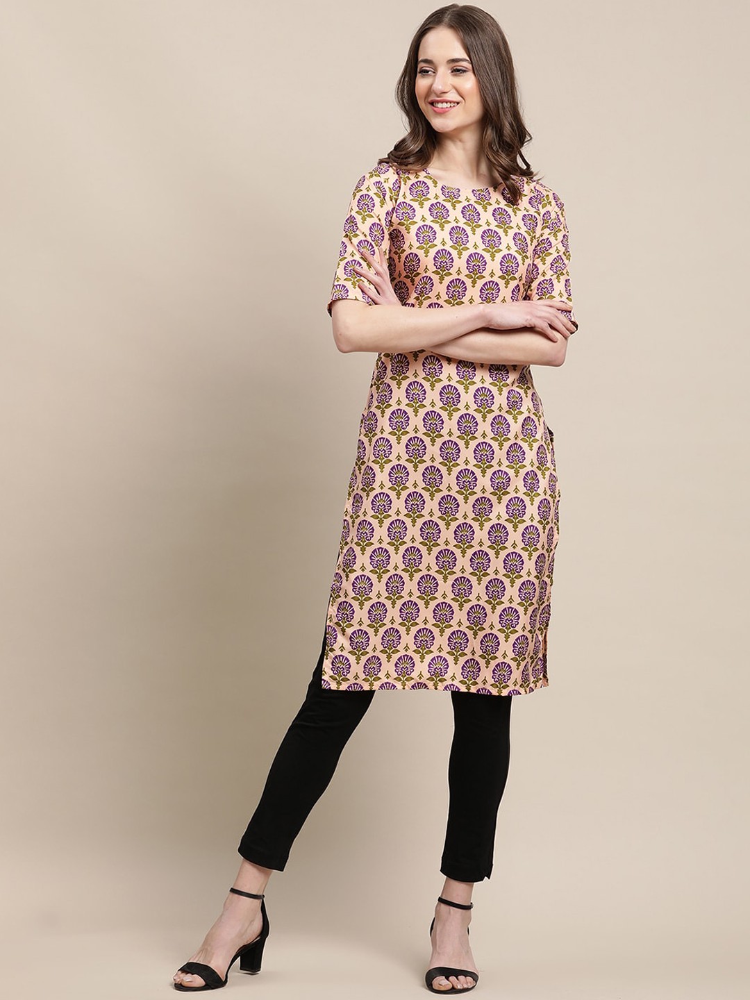

KALINI Women Beige Ethnic Motifs Printed Keyhole Neck Crepe Kurta