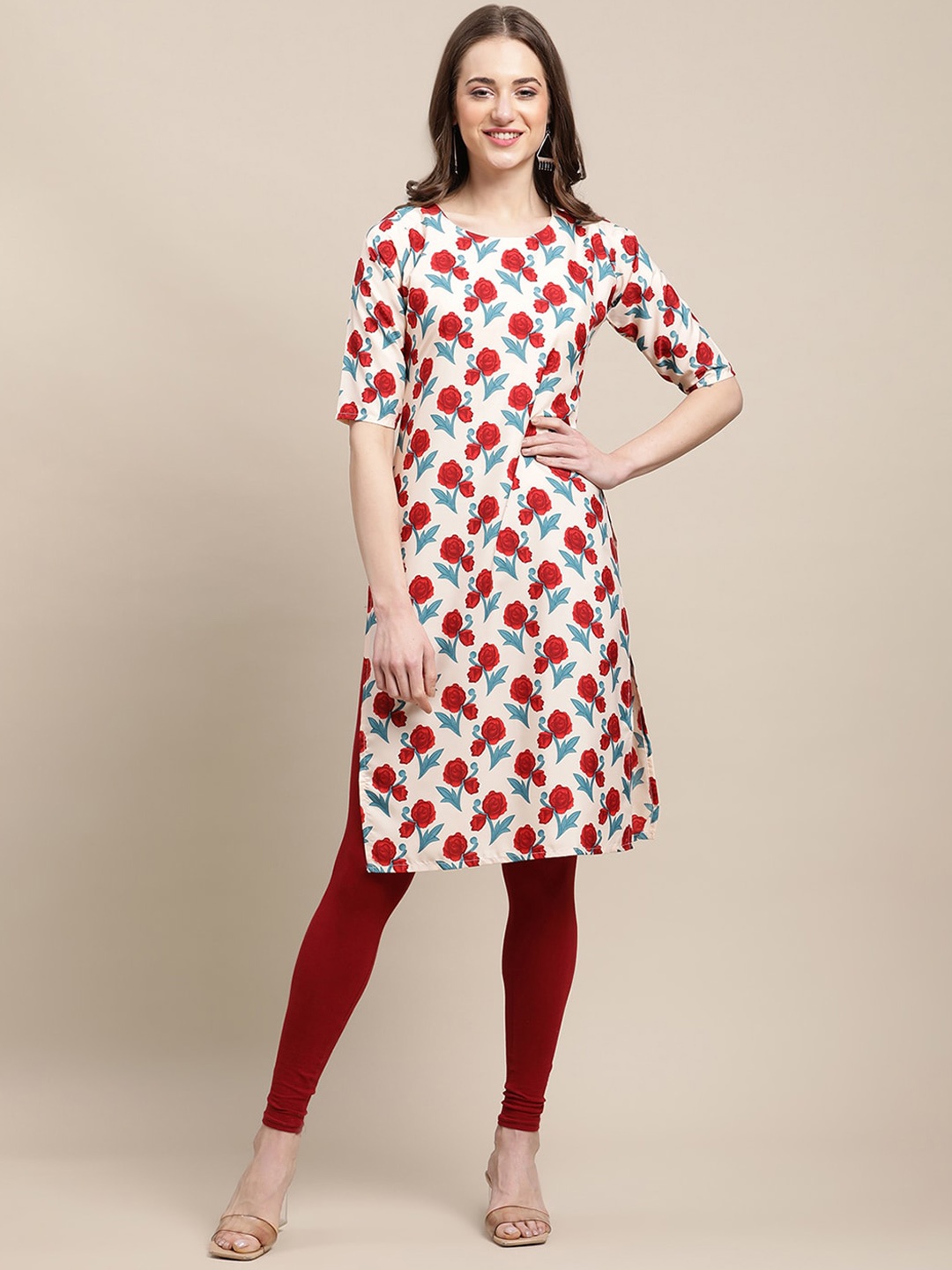 

7Threads Women Cream-Coloured & Red Floral Printed Crepe Kurta