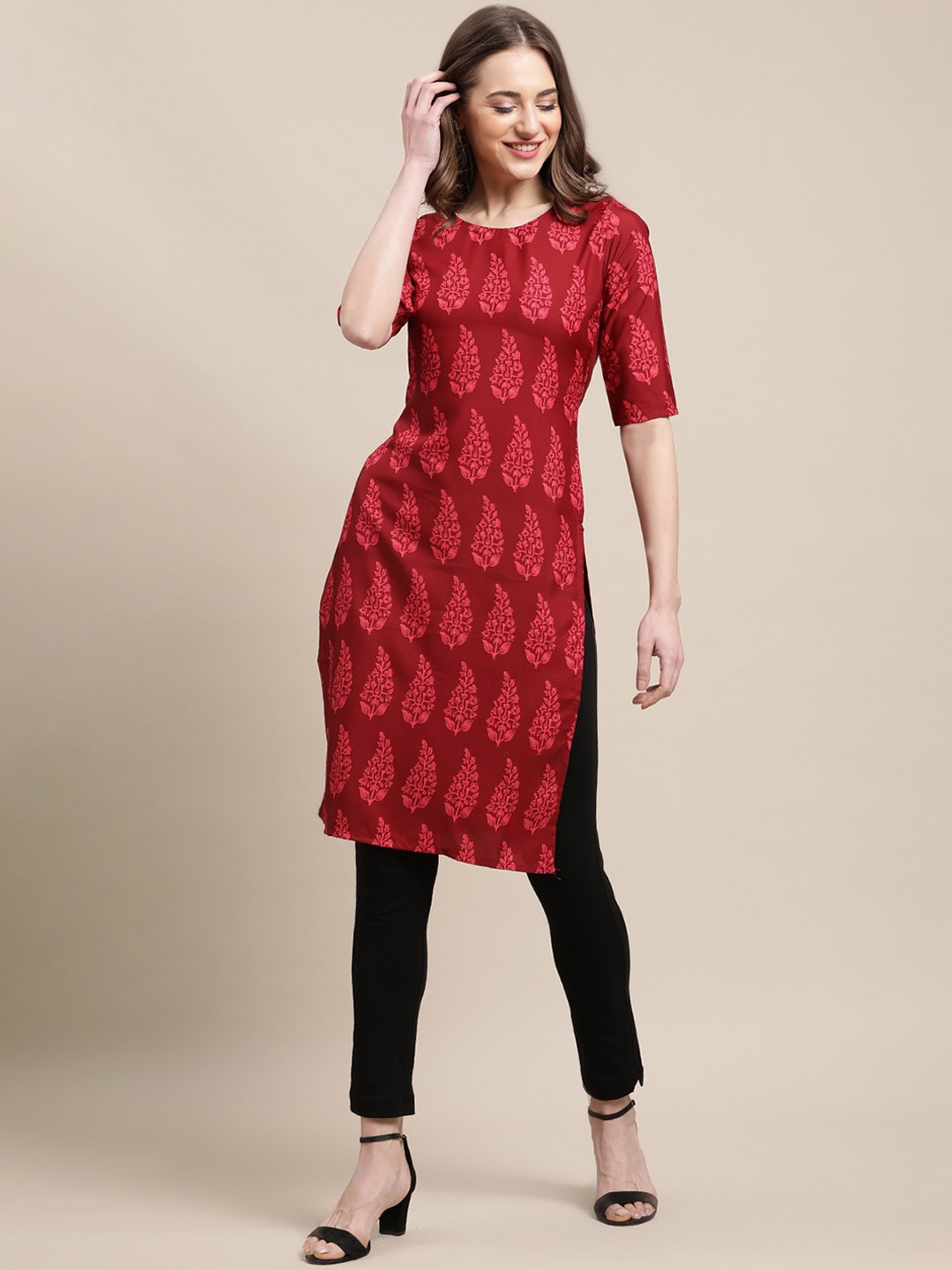 

KALINI Women Maroon Ethnic Motifs Printed Crepe Kurta