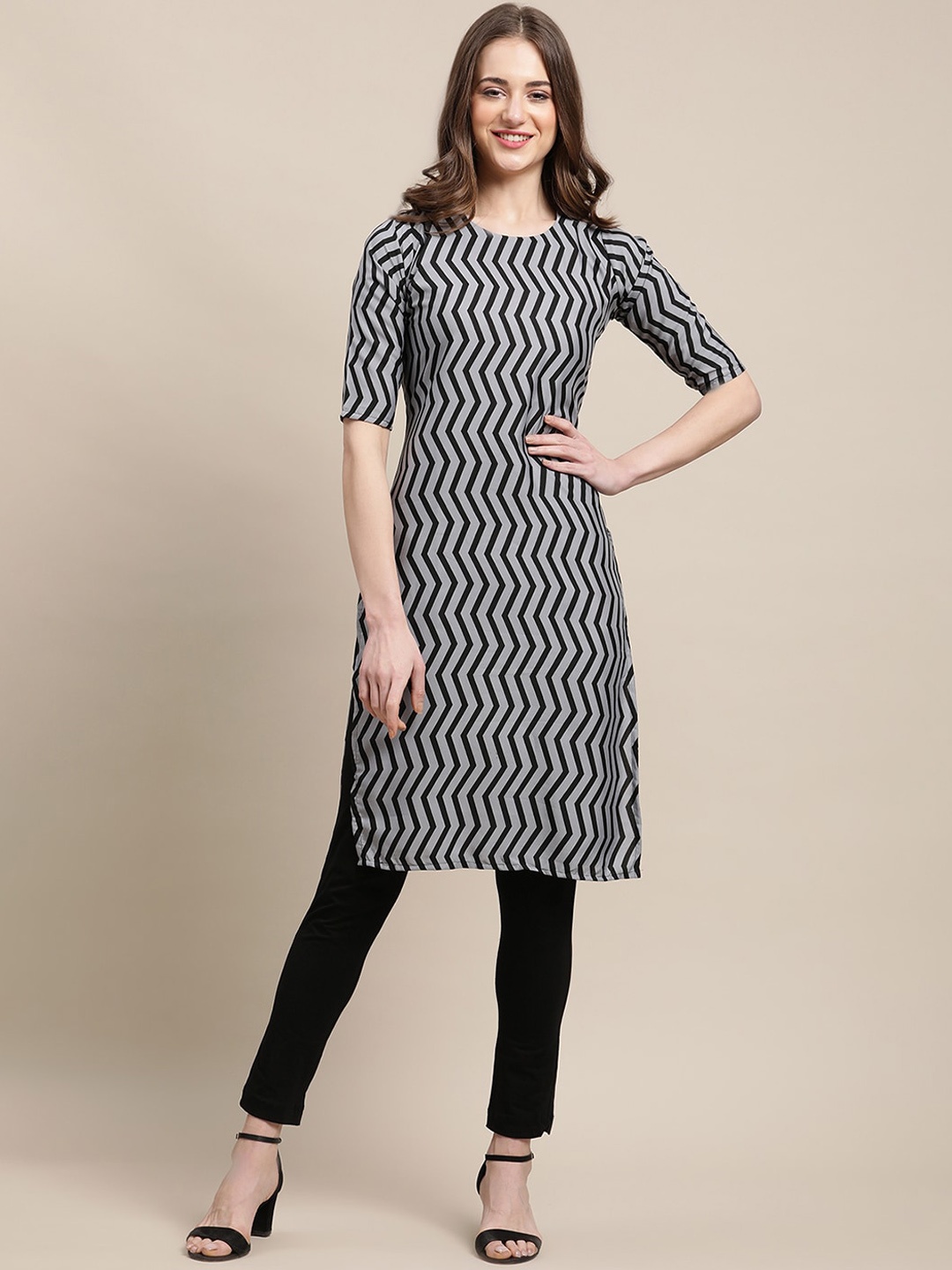 

7Threads Women Grey Geometric Printed Crepe Kurta