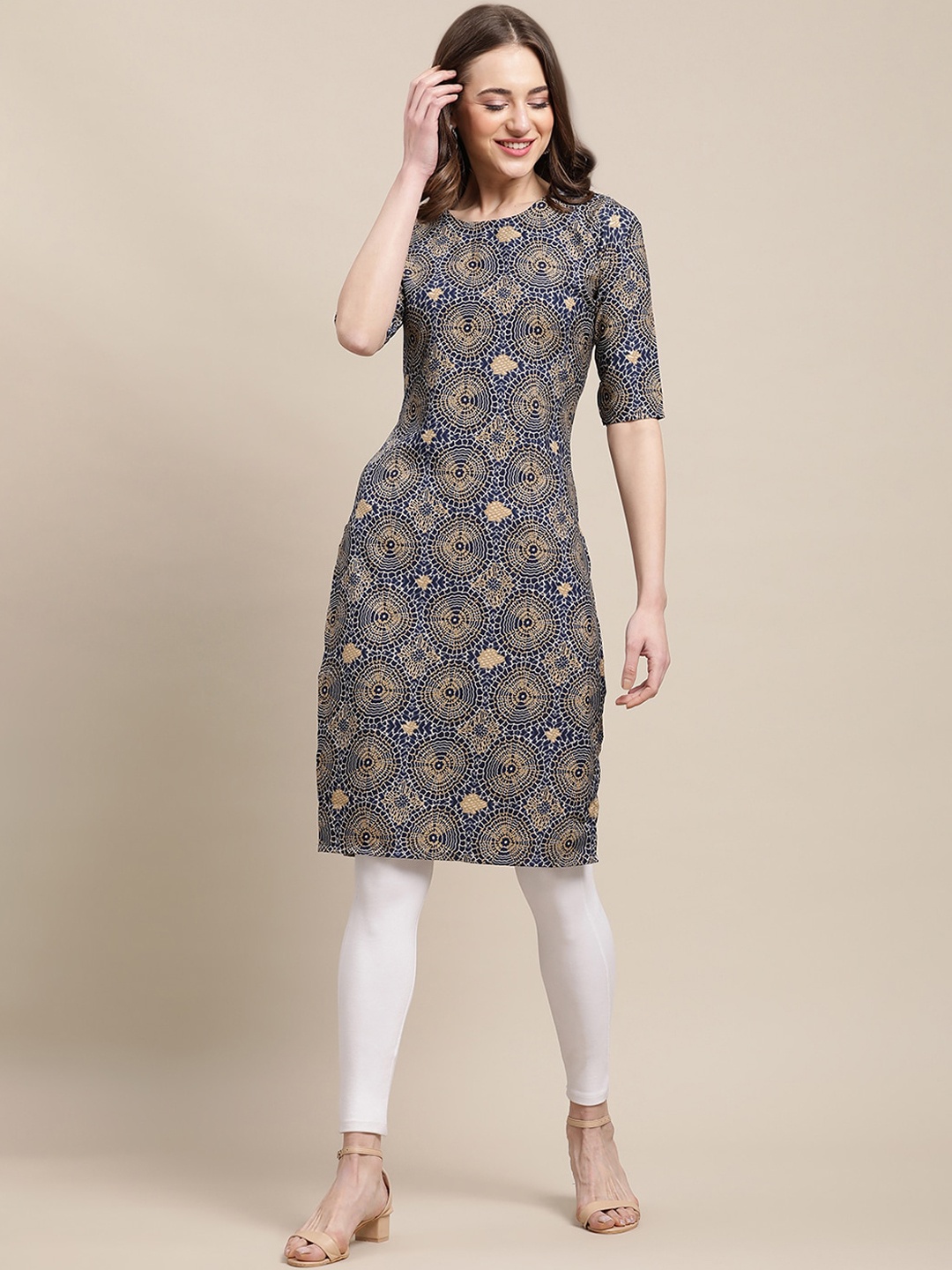 

KALINI Women Navy Blue Ethnic Motifs Printed Crepe Kurta