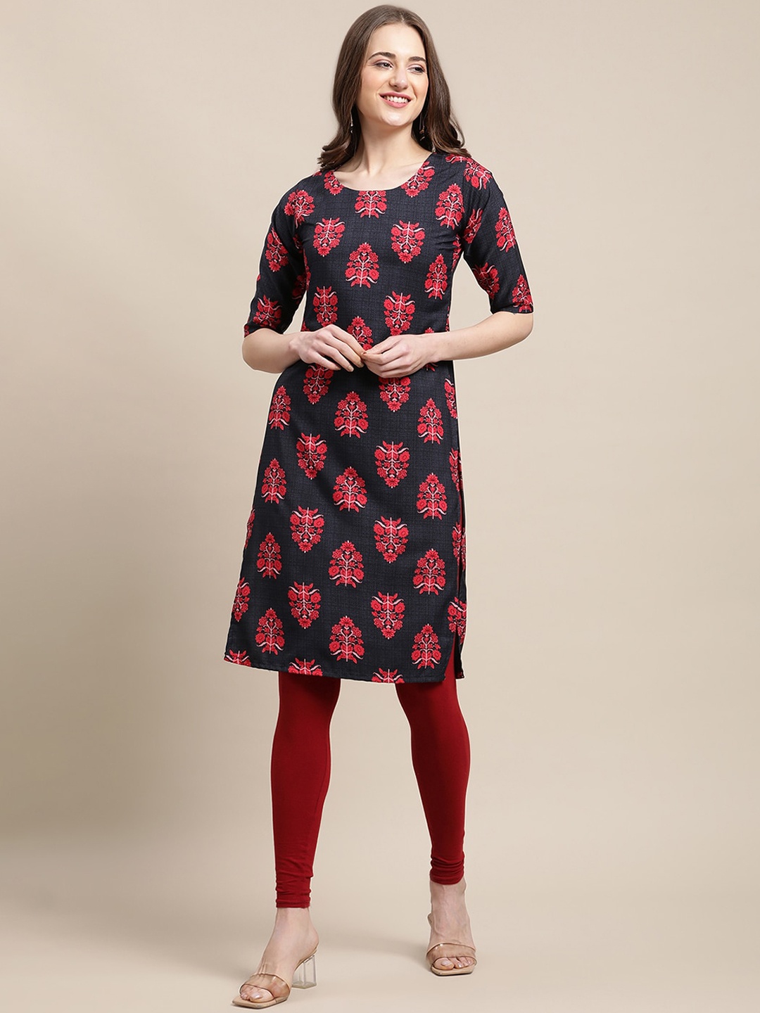

KALINI Women Black & Red Ethnic Motifs Printed Crepe Kurta
