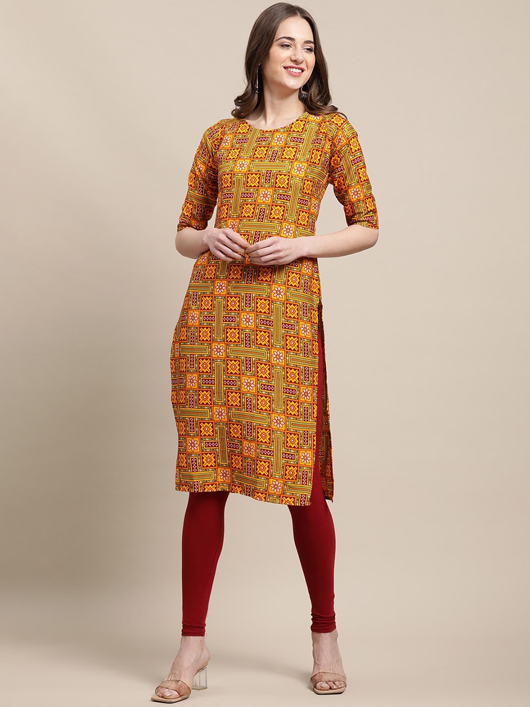 

7Threads Women Mustard Yellow & Red Ethnic Motifs Printed Crepe Kurta