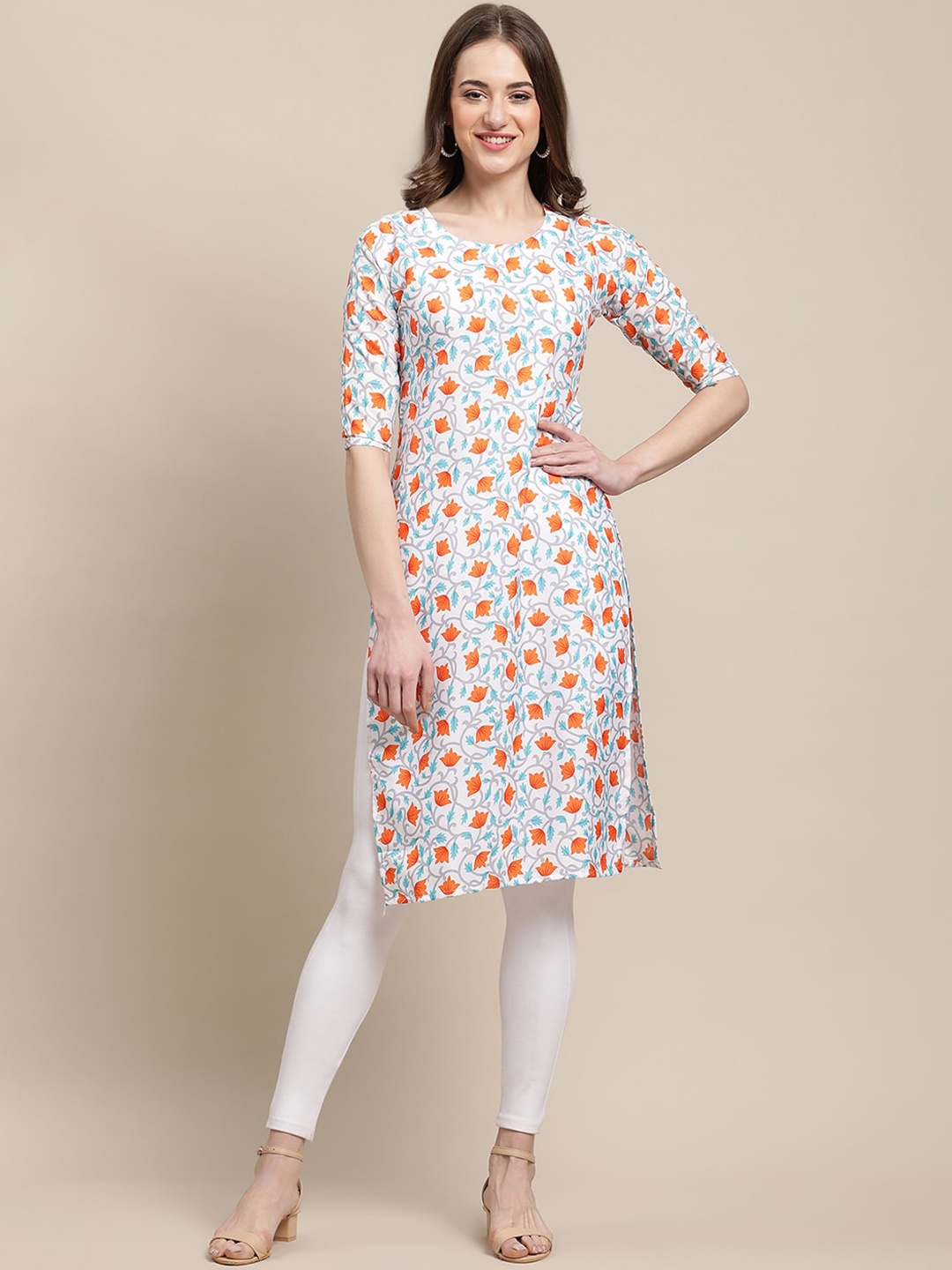 

7Threads Women White & Orange Floral Printed Crepe Kurta