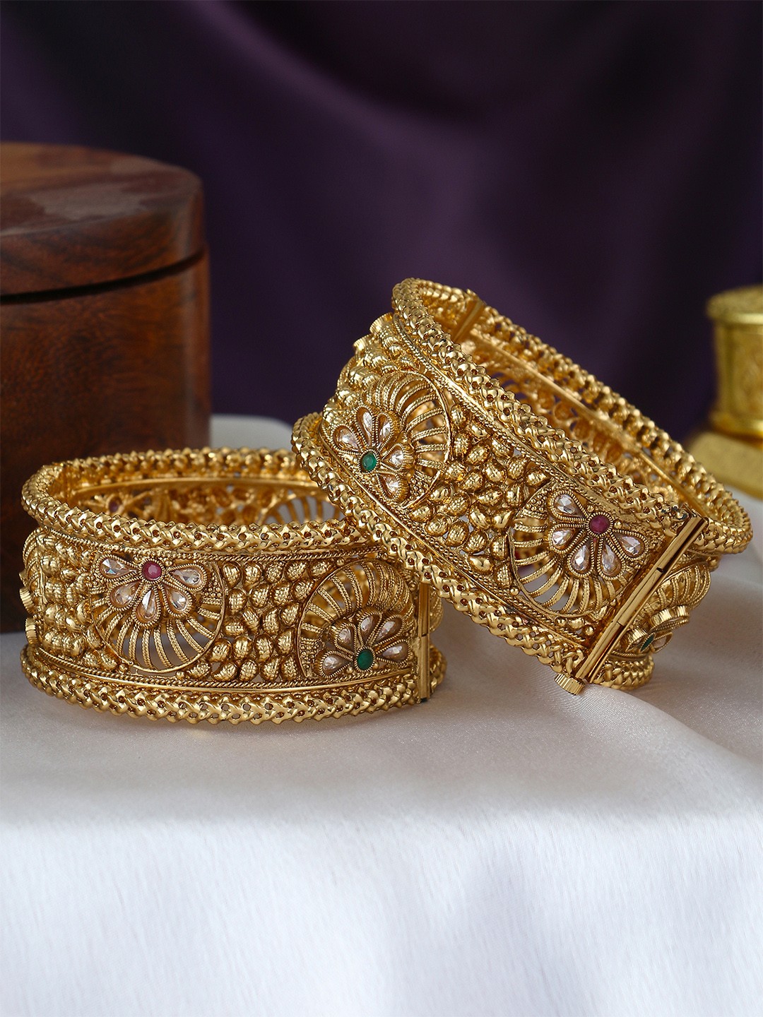 

Adwitiya Collection Set of 2 24 CT Gold-Pleated Stone-Studded Bangles, Rose
