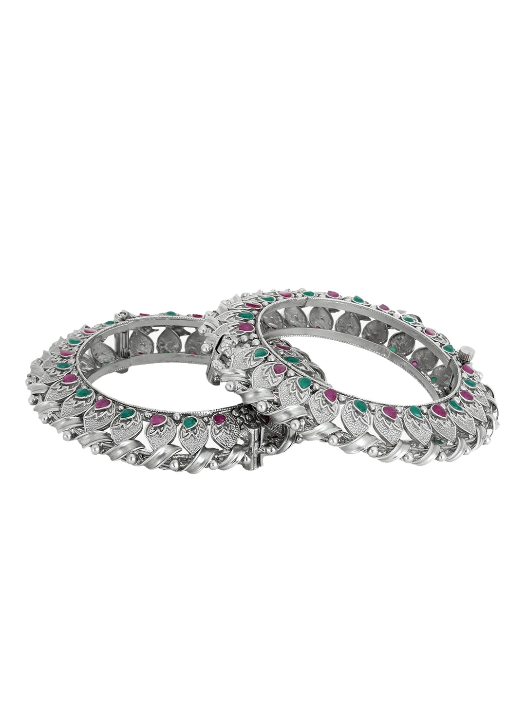

Adwitiya Collection Set Of 2 24CT Silver-Plated Pink & Green Stone-Studded Bangles