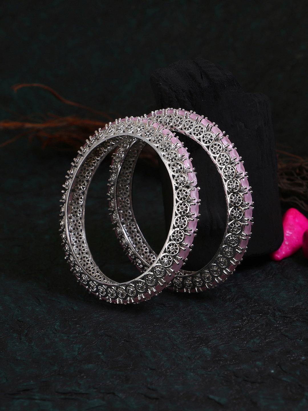 

Adwitiya Collection Set Of 2 Silver-Plated & Pink CZ Studded Bangles, Rose
