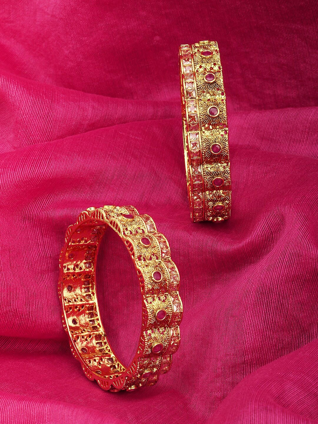 

Adwitiya Collection Set Of 2 Gold-Plated Red & White Stone-Studded Bangles