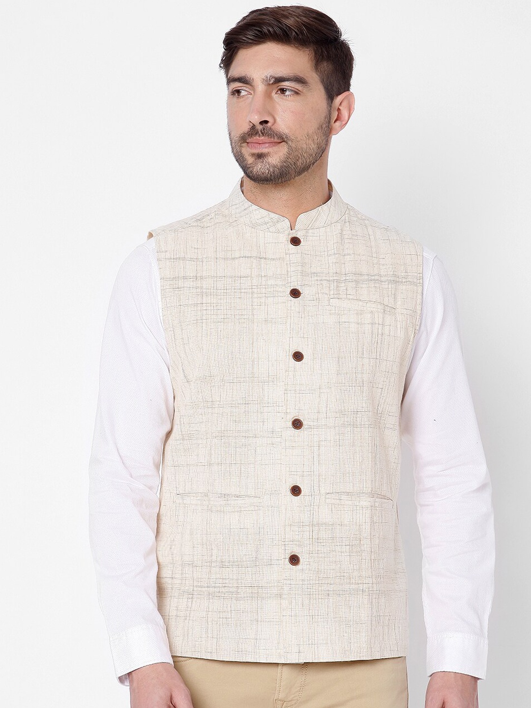

SALWAR STUDIO Men Beige Textured Pure Cotton Nehru Jackets