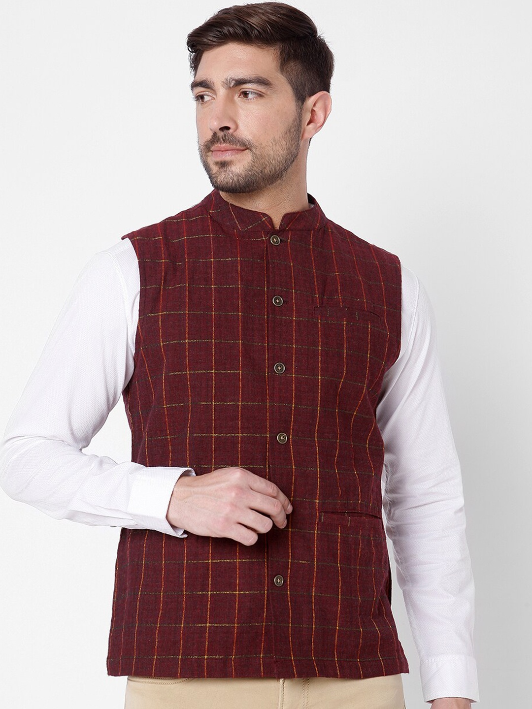 

SALWAR STUDIO Men Brown Woven Design Checked Cotton Nehru Jacket