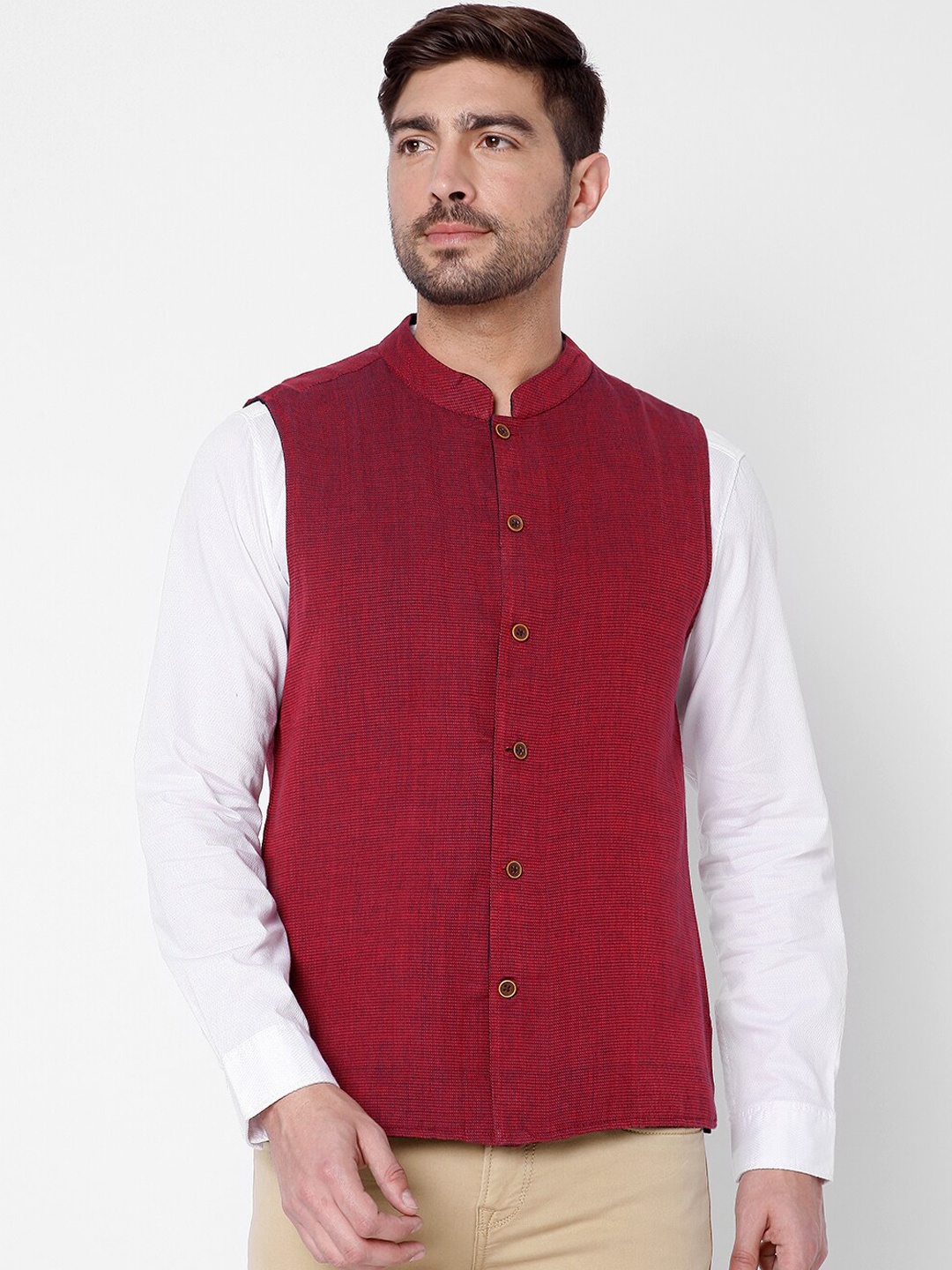 

SALWAR STUDIO Men Maroon White Printed Cotton Woven Nehru Jacket